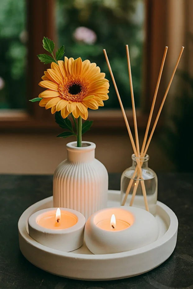 Dekoratif 5li Set Mum Çizgili Vazo Tealight mumluk ve Oda Kokusu Seti